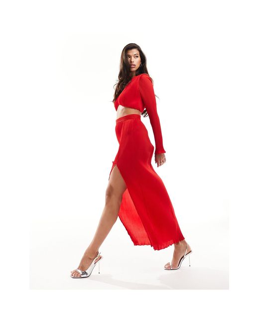 In The Style Red Plisse Midi Skirt Co-ord