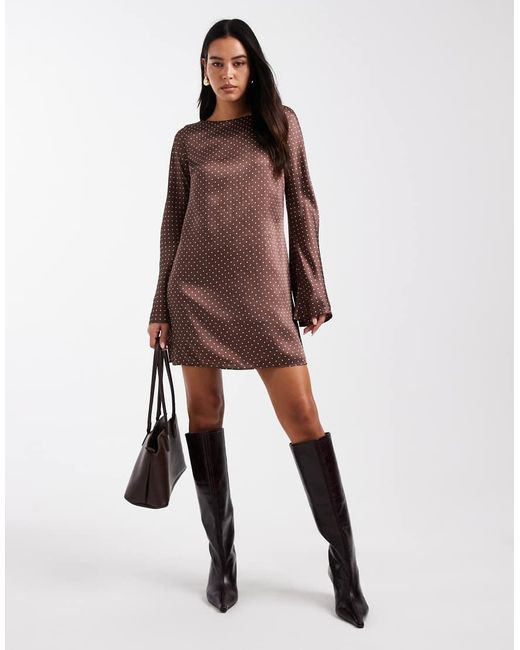 New Look Brown Polka Dot Satin Long Sleeve Mini Dress