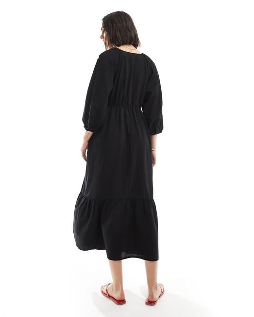 New Look Black Tie Front Tiered Smock Midi Dress