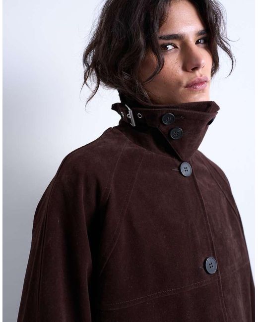 TOPSHOP Brown Faux Suede Funnel Long Car Coat With Neck Tab