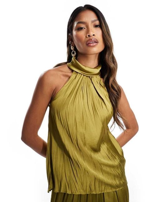 River Island Green Plisse Satin Halterneck Top Co-ord