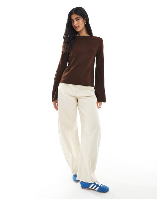 ASOS Brown Open Neck Knitted Top With Tie Back Cinched Waist