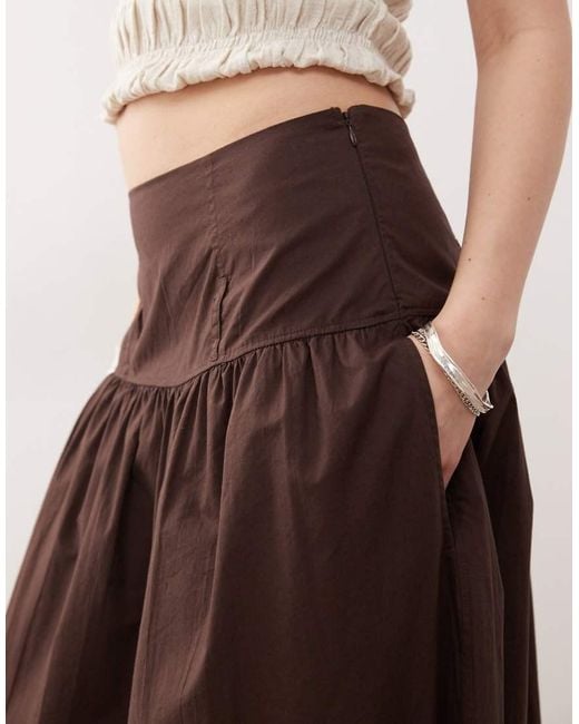 Monki Brown Floaty Poplin Maxi Skirt With Drop Waist Detail