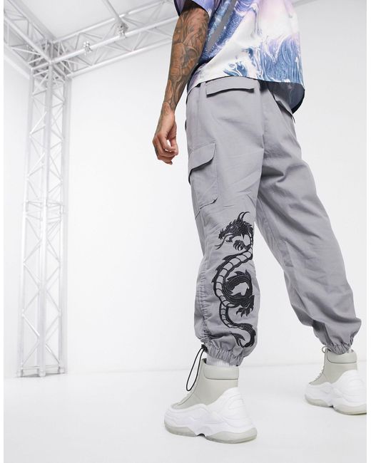 ASOS Gray Oversized Tapered Cargo Pants With Dragon Embroidery for men