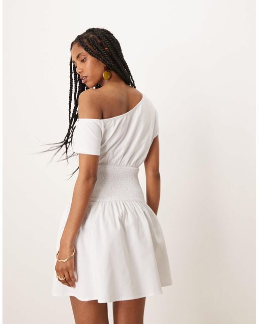 ASOS White Shirred Off Shoulder Flippy Mini Dress With Poplin Skirt