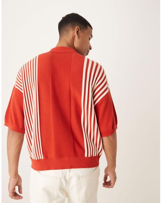 ASOS Red Oversized Boxy Fit Knitted Polo With Contrast Stripes for men