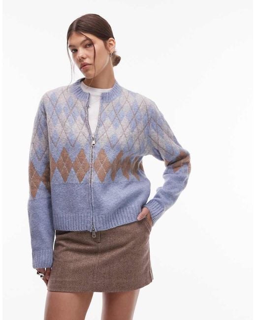 emory park Blue Argyle Zip Through Cardigan