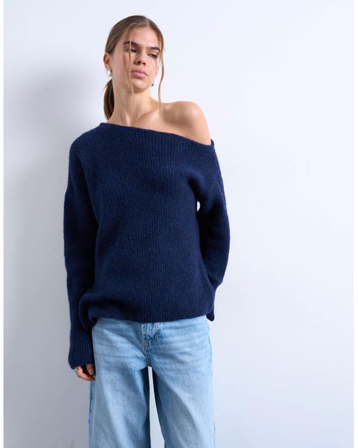 TOPSHOP Blue Knitted Asymmetric One-shoulder Top