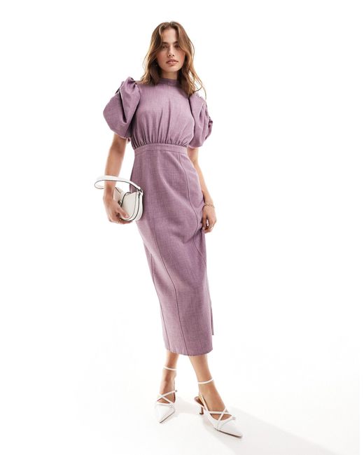 Robe mi-longue à col montant et manches bouffantes avec jupe moulante - lilas ASOS en coloris Pink