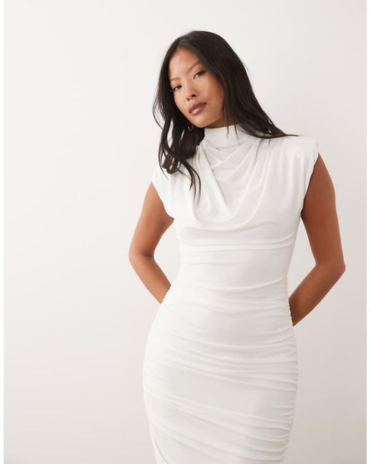 TFNC London Pink Slinky High Neck Shoulder Pad Drape Detail Midi Dress