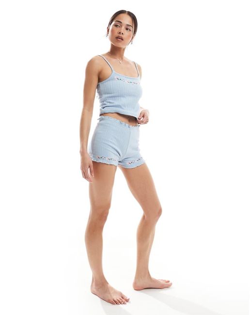 Daisy Street Blue Pointelle Singlet Top And Matching Shorts Pyjama Set With Floral Embroidery