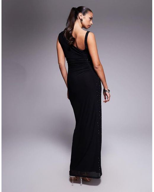 AFRM Blue Hotfix Drape Detail Asymmetric Strap Thigh Split Maxi Dress