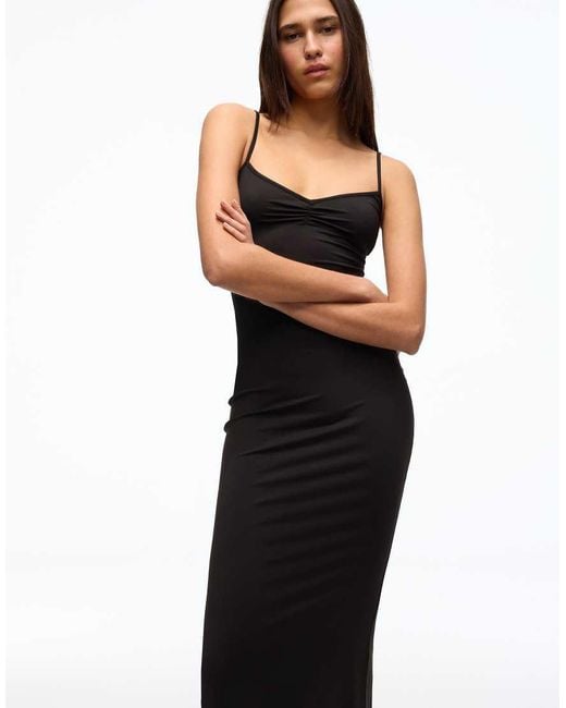 Bershka Black Ruched Strap Midi Dress