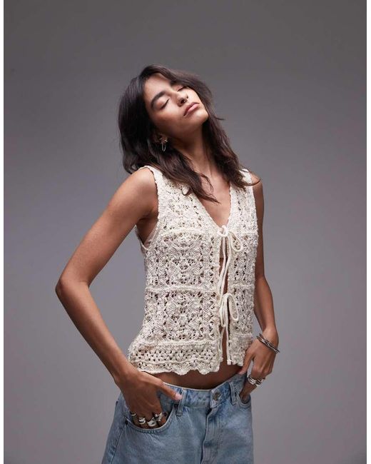 TOPSHOP Gray Knitted Crochet Look Tie Front Singlet