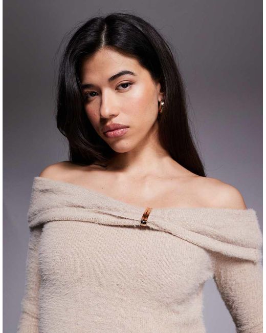 Aria Cove Gray Fluffy Knit Bardot Metal Detail Jumper Co-ord
