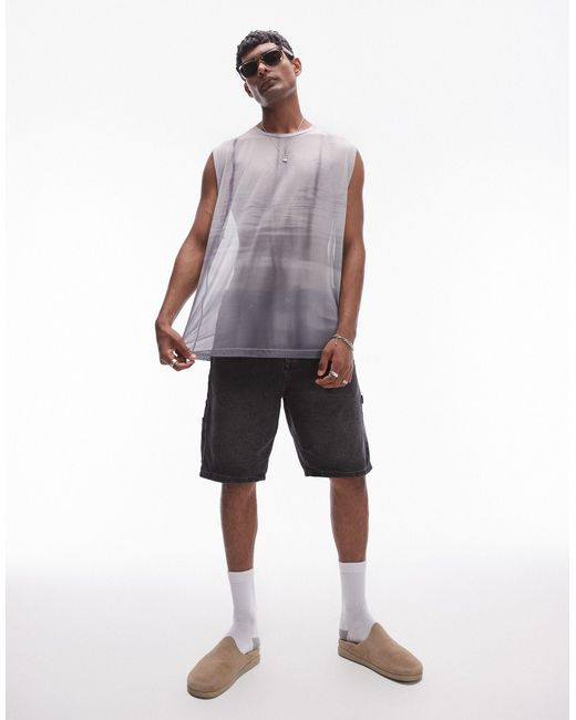 T-shirt oversize sans manches en tulle avec imprimé teint par sections Topman pour homme en coloris Black