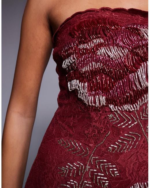 ASOS Red Bandeau Lace Embellished Maxi Dress With Corset Detailing And Fishtail Skirt