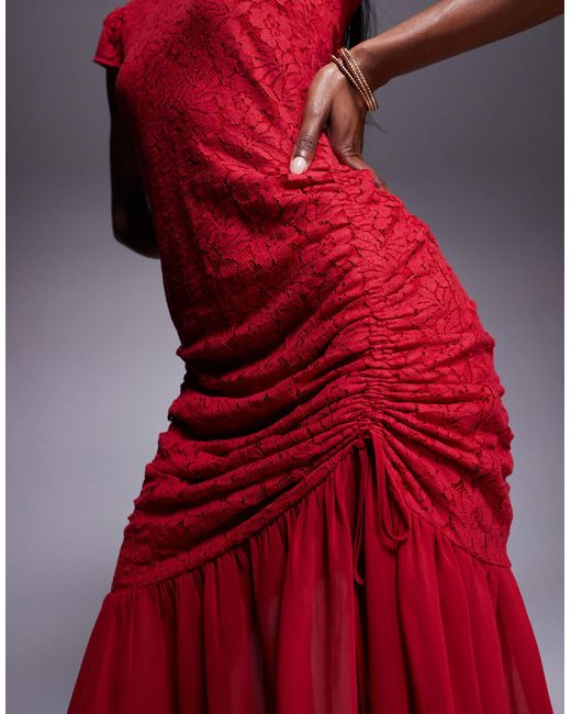 Long Sleeve Maxi Dress Asos Design Kleid ASOS High Neck Lace Dropped Waist  Maxi Dress In Red Lyst
