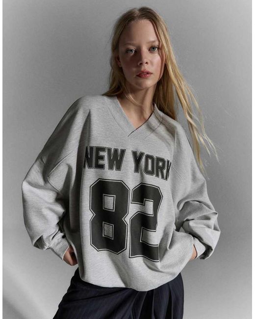 Bershka Gray Oversize Print Sweatshirt
