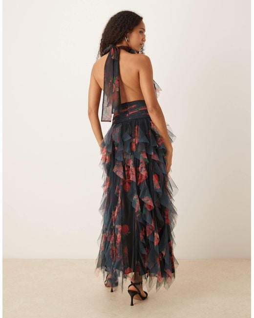 LACE & BEADS Multicolor Backless Ruffle Maxi Dress