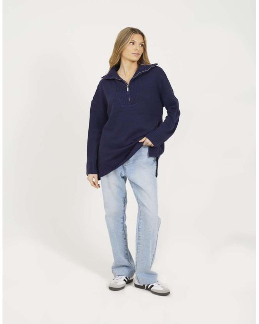 Brave Soul Blue Oversized 1/2 Zip Knitted Jumper