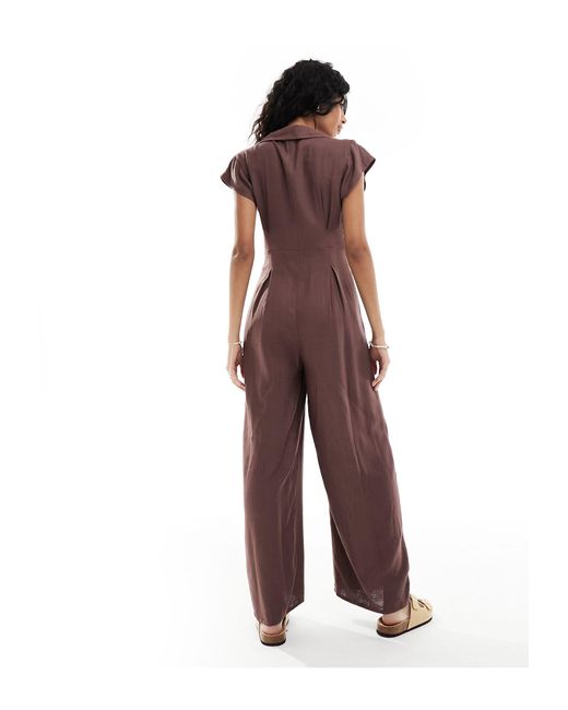 Combinaison boutonnée à col en lin - chocolat ASOS en coloris Brown