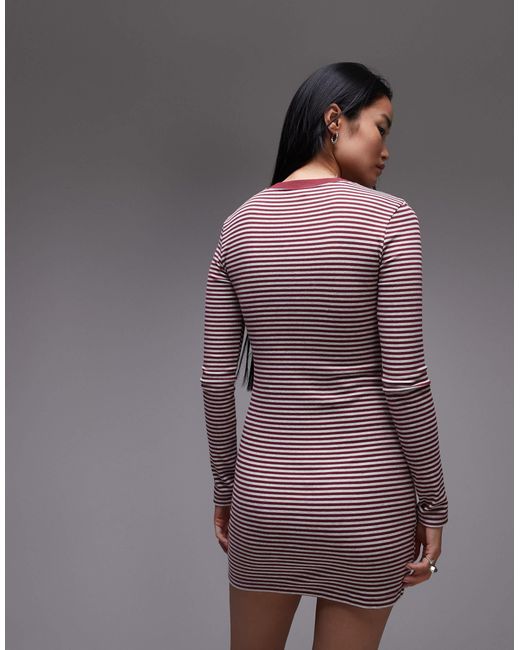 TOPSHOP Red Stripe Long Sleeve Crew Neck Mini Dress