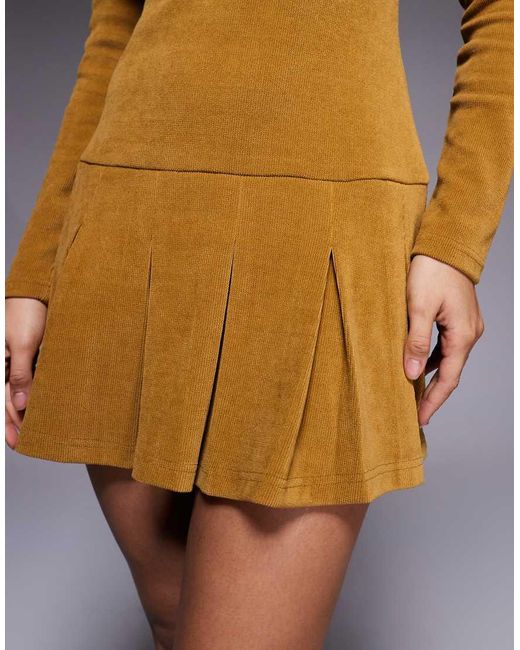 ASOS Blue Corduroy Dropped Waist Mini Dress With Pleated Skirt