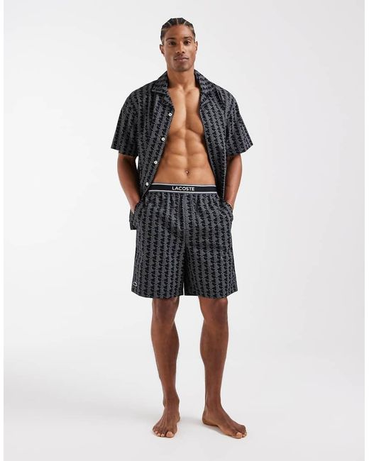 Lacoste Black Monogram Print Lounge Shorts With Logo Waistband for men
