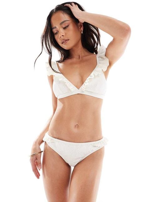 Pieces White Jacquard Flower Detail Ruffle Bikini Bottoms