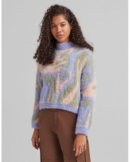 Bershka Retro Print Fluffy Sweater | Lyst