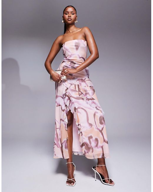ASOS Multicolor – trägerloses gemustertes midikleid aus netzstoff mit rüschen