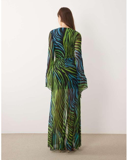 Kaiia Green Exclusive Plunge Long Sleeve Metal Hardware Detail Split Detail Maxi Dress
