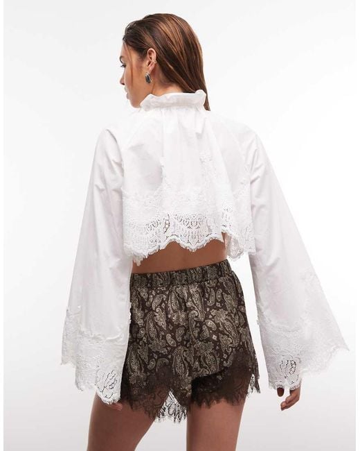 Noughts & Kisses White Flared Sleeve Scalloped Lace Hem Tie Detail Cropped Shirt