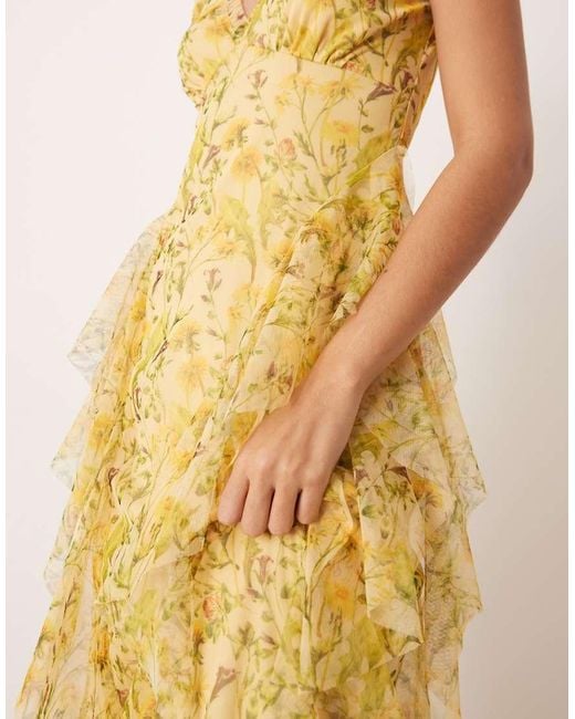 LACE & BEADS Natural Tulle V-neck Ruffle Frill Detailing Midaxi Dress
