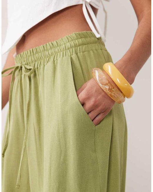 ASOS Green Linen Blend Wide Leg Pull On Trouser