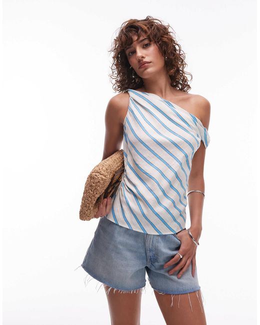 TOPSHOP Blue Linen Twisted Shoulder Top