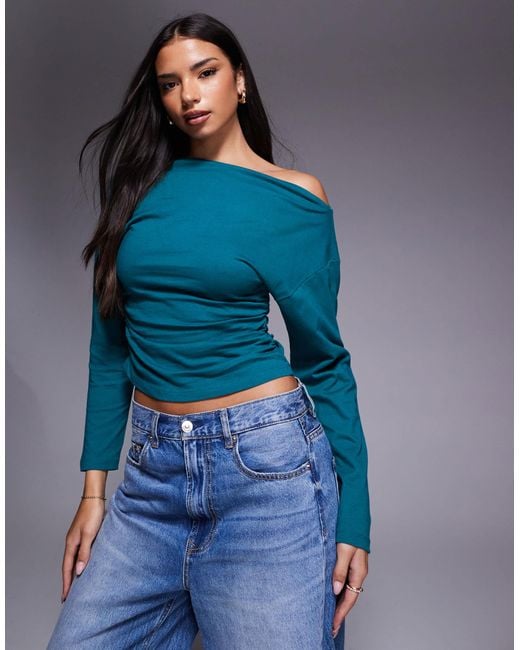 ASOS Blue Off Shoulder Cinched Waist Long Sleeve Asymmetric Top