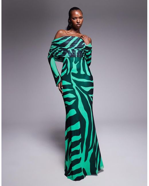 AFRM Green Bardot Power Mesh Maxi Dress
