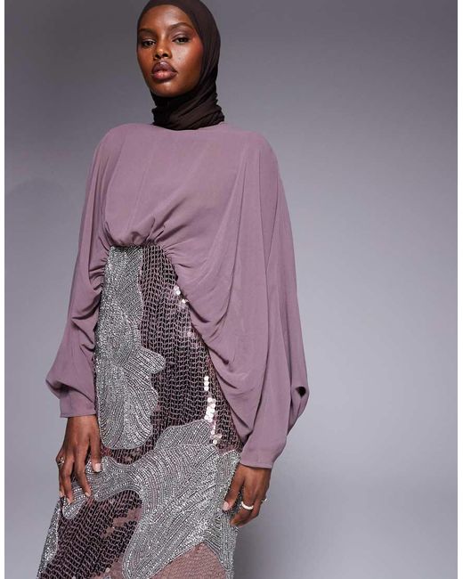 ASOS Purple Blouson Bodice Batwing Maxi Dress With Floral Embellished Skirt