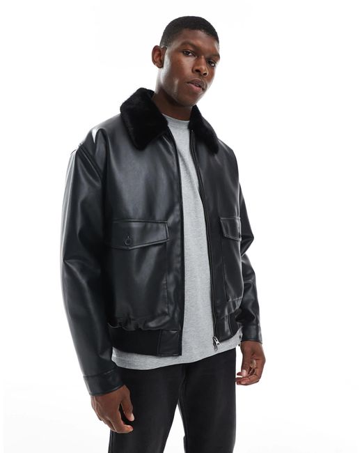 Bomber en similicuir avec col en fausse fourrure ASOS pour homme en coloris Black