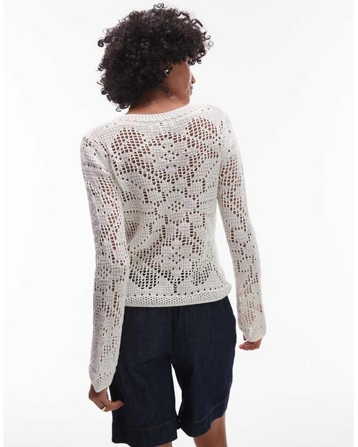 TOPSHOP White Knitted Slash Neck Lace Long Sleeve Top
