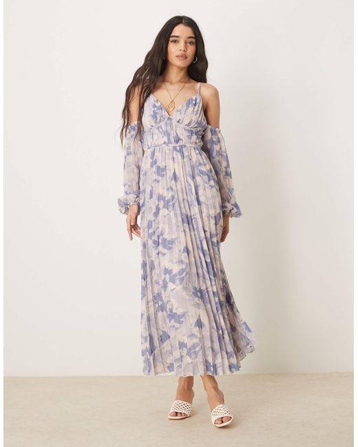 ASOS Pink – plissiertes bardot-midaxikleid mit blumenprint und tiefem ausschnitt