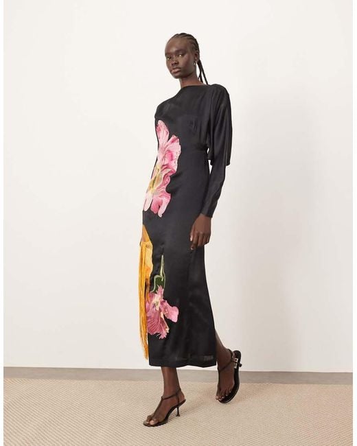 ARRANGE Natural Dripping Floral Embroidered Strong Shoulder Open Back Maxi Dress