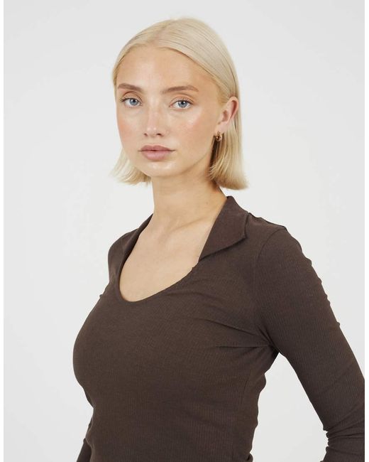 Brave Soul Natural Ribbed V-Neck Collared Top