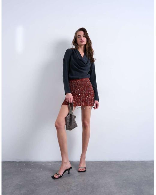 TOPSHOP Red Sequin Mini Skirt