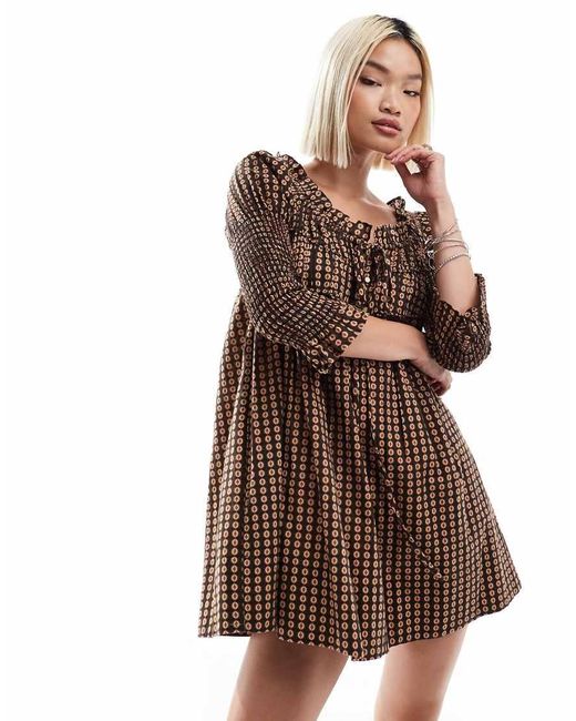 Vestito Punto Smock Corto A Quadri Multicolore Con Laccetti di Free People in Brown