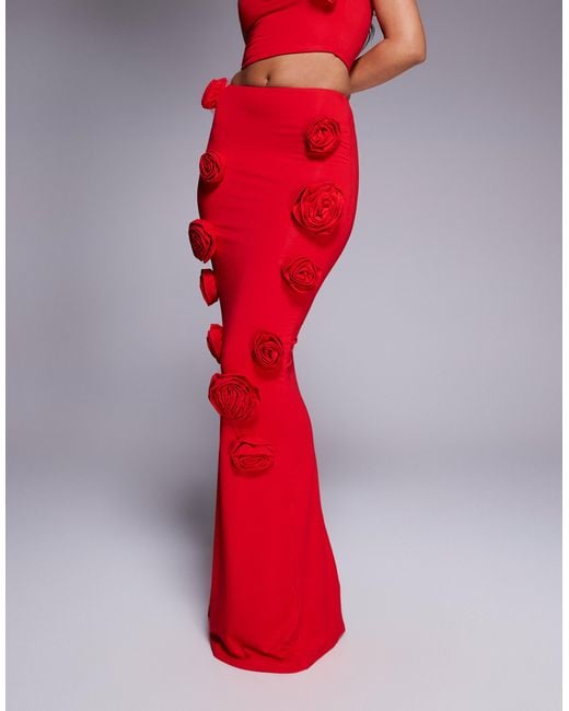 Wanderdoll Red Posie Sculpting Second Skin Corsage Detail Maxi Skirt Co-ord