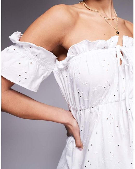 ASOS White Broderie Frill Bardot Mini Dress