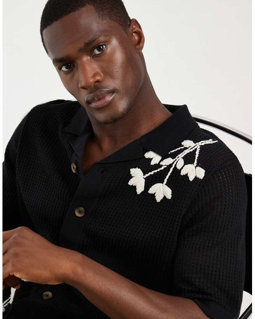 Only & Sons Black Embroidery Detail Open Knit Shirt for men